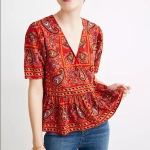 Madewell • Crossover Peplum Top in Fiesta Red Bandana Paisley